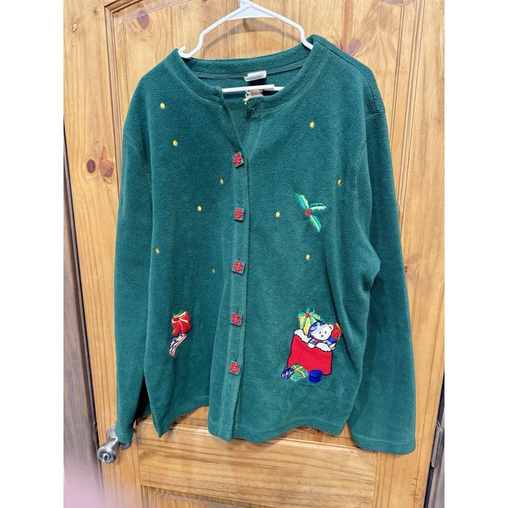 Premier Women's‎ Green Embroidered Bear Gifts Christmas Sweater Button Size XL
